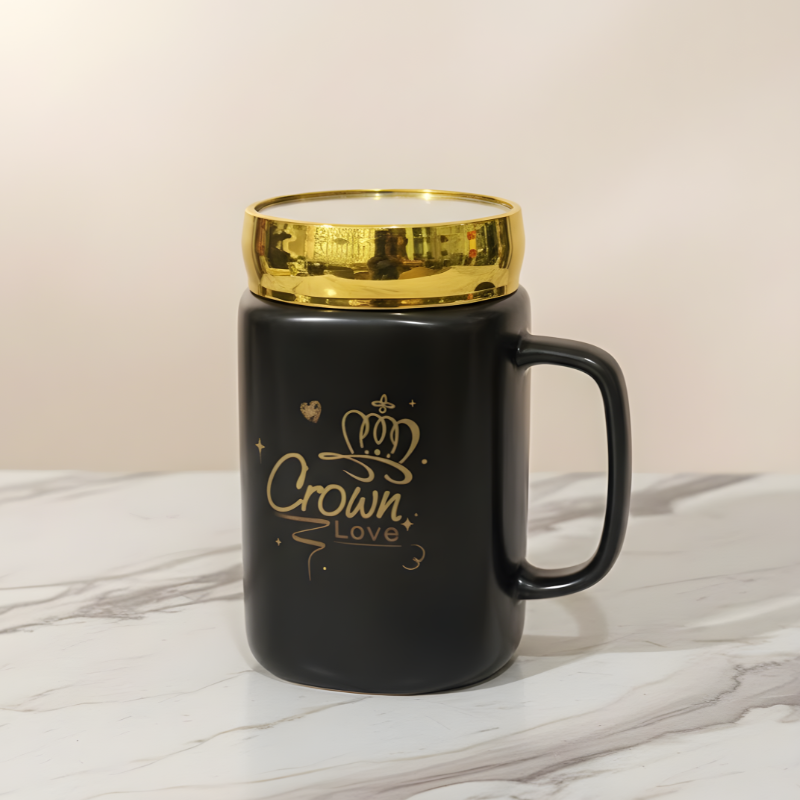 Crown Coffee Mug – Premium Black Ceramic with Golden Mirror Lid