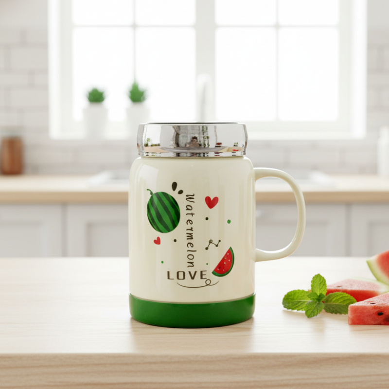 Watermelon Coffee Mug – Fresh & Fun Ceramic with Green Lid