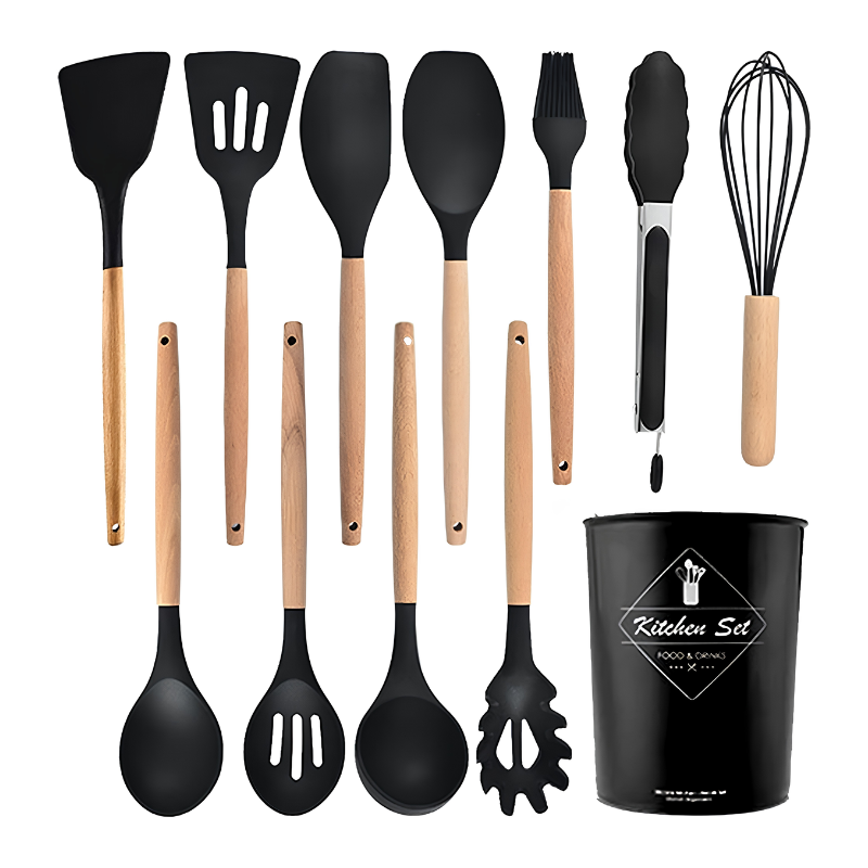 12-Piece Silicone Utensil Set – Wooden Handle Kitchen Tools