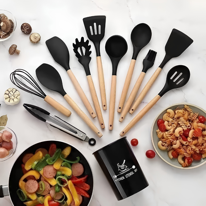 12-Piece Silicone Utensil Set – Wooden Handle Kitchen Tools