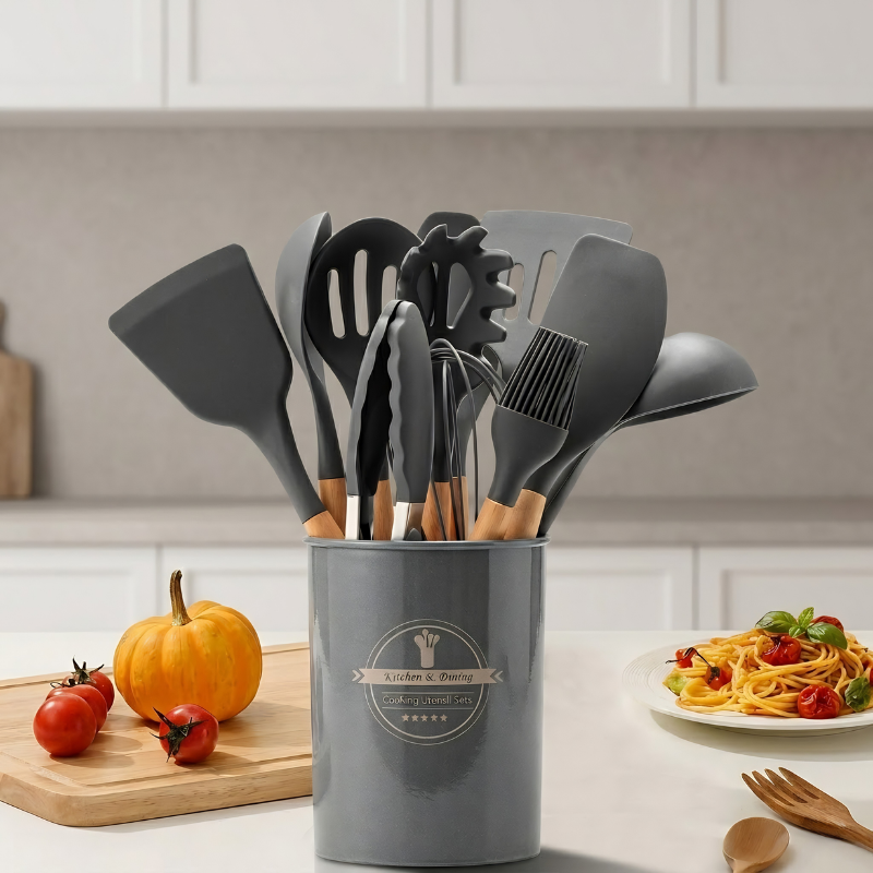 12-Piece Silicone Utensil Set – Wooden Handle Kitchen Tools