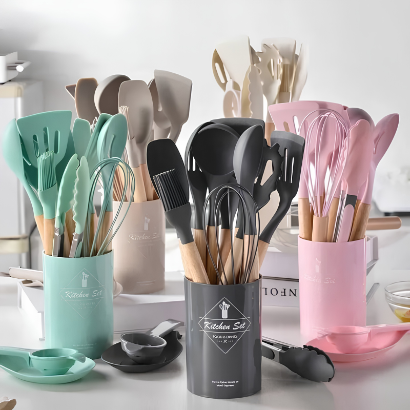 12-Piece Silicone Utensil Set – Wooden Handle Kitchen Tools