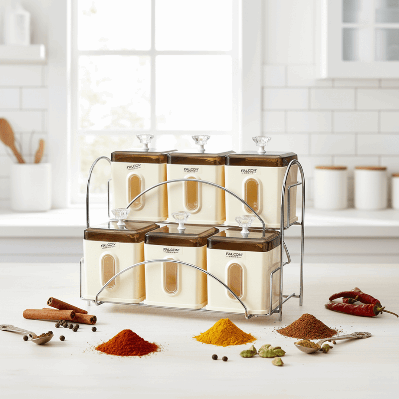 Falcon 6-Piece Spice Jar Set – Premium Spice Rack with Metal Stand