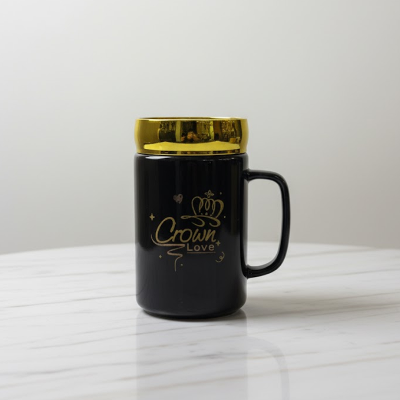Crown Coffee Mug – Premium Black Ceramic with Golden Mirror Lid