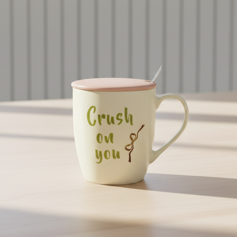 Crush On You Coffee Mug – Ceramic Mug with Lid & Spoon