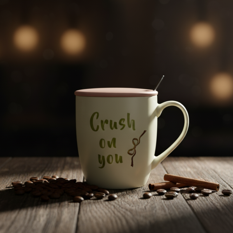 Crush On You Coffee Mug – Ceramic Mug with Lid & Spoon
