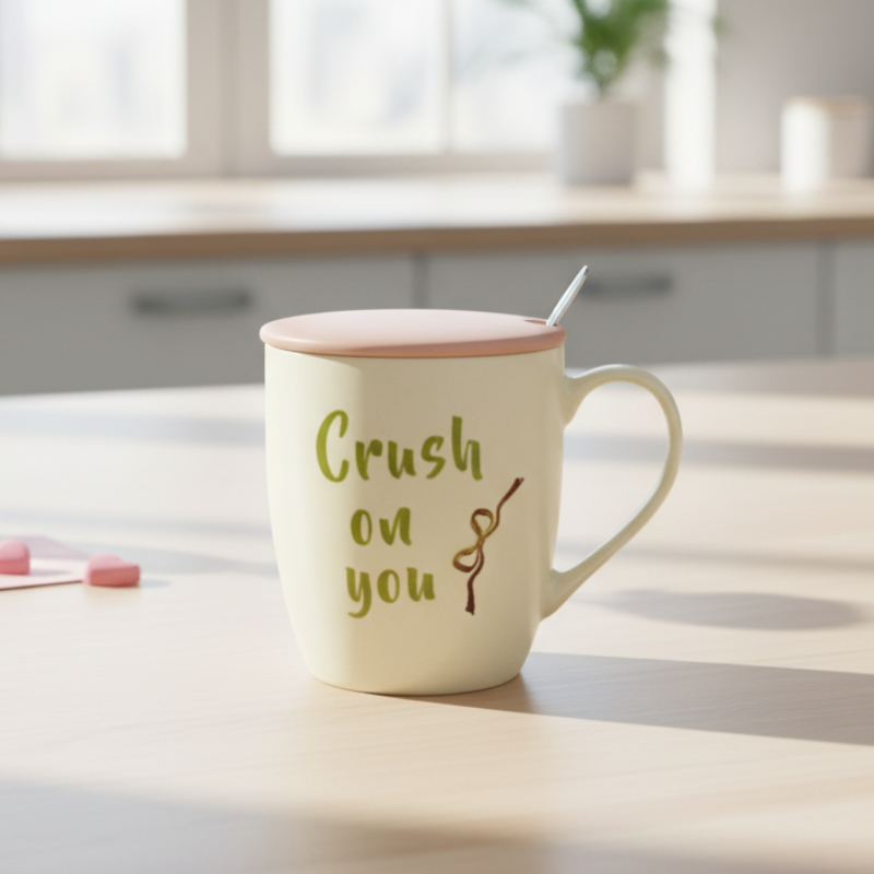 Crush On You Coffee Mug – Ceramic Mug with Lid & Spoon