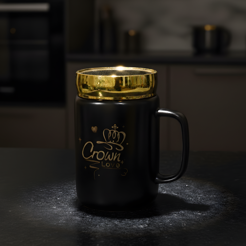 Crown Coffee Mug – Premium Black Ceramic with Golden Mirror Lid