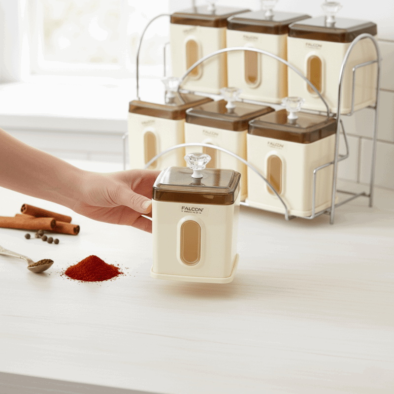 Falcon 6-Piece Spice Jar Set – Premium Spice Rack with Metal Stand