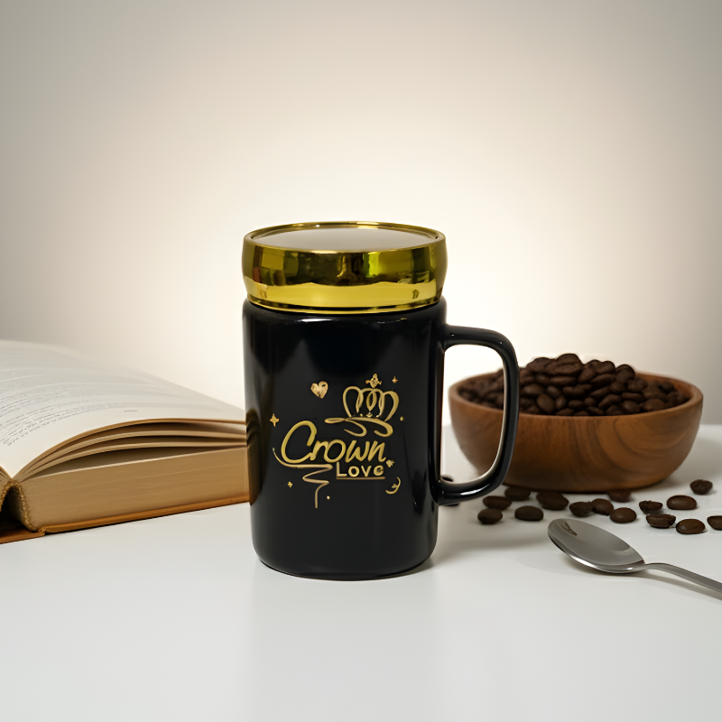 Crown Coffee Mug – Premium Black Ceramic with Golden Mirror Lid