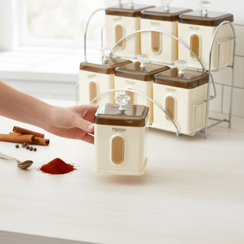 Falcon 6-Piece Spice Jar Set – Premium Spice Rack with Metal Stand