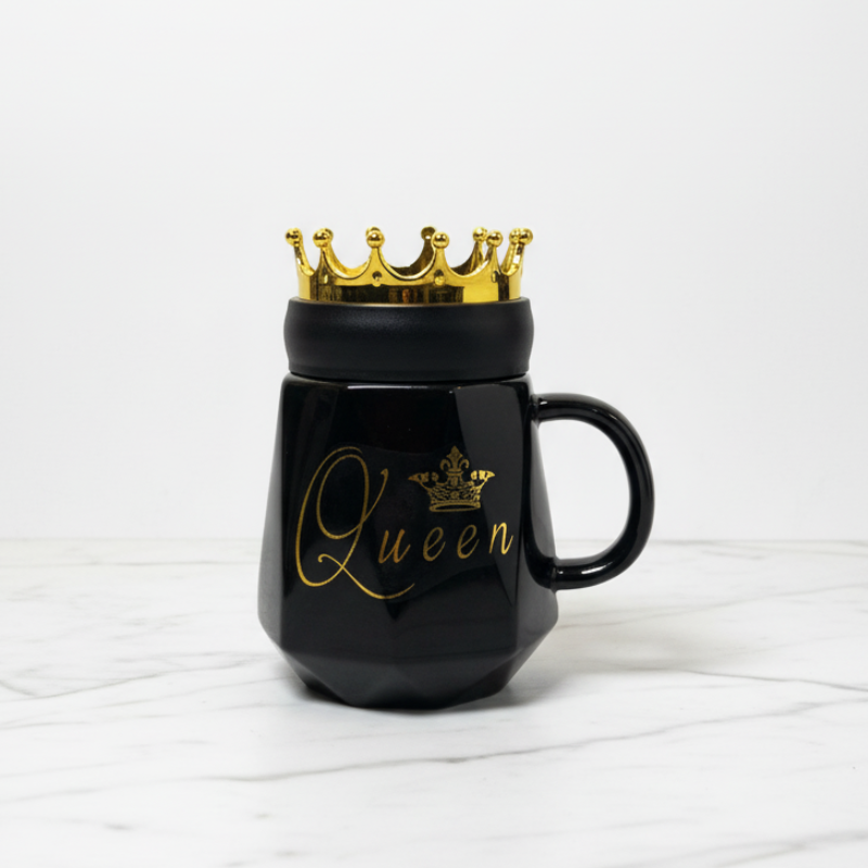 Queen Coffee Mug – Elegant Black Ceramic with Crown Lid