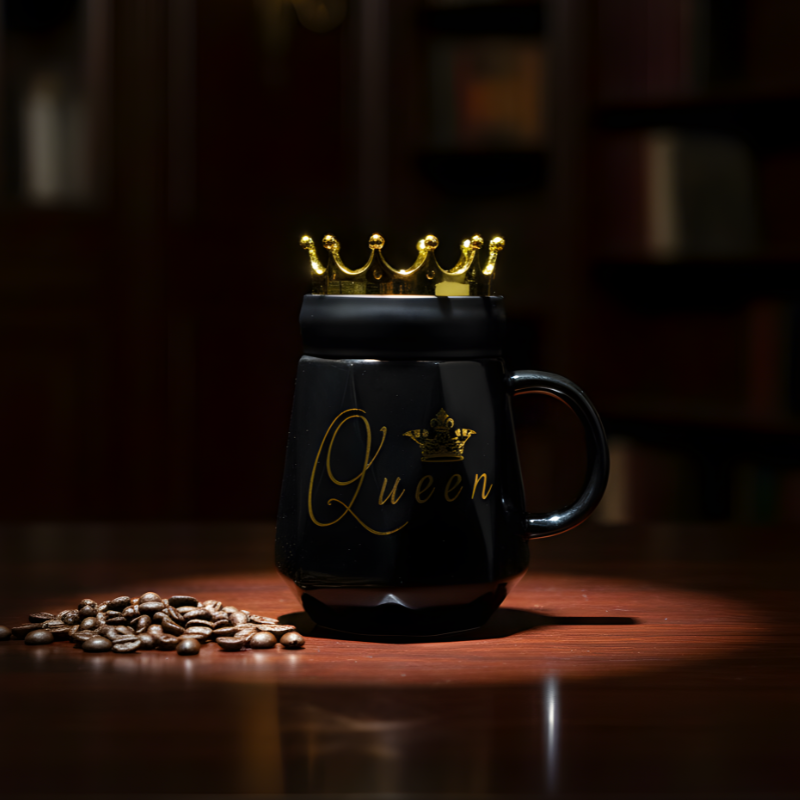 Queen Coffee Mug – Elegant Black Ceramic with Crown Lid