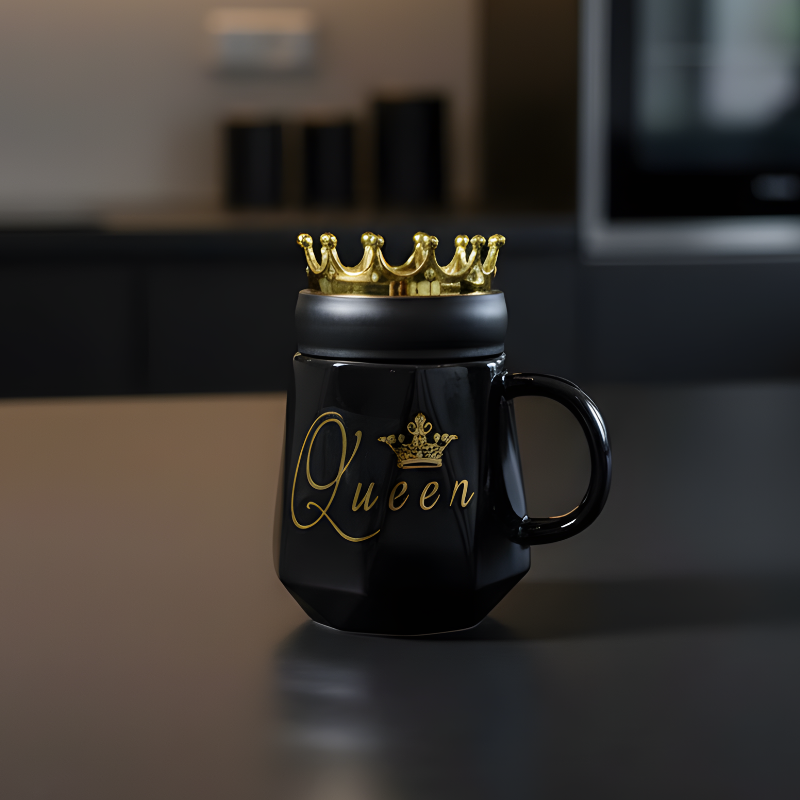 Queen Coffee Mug – Elegant Black Ceramic with Crown Lid