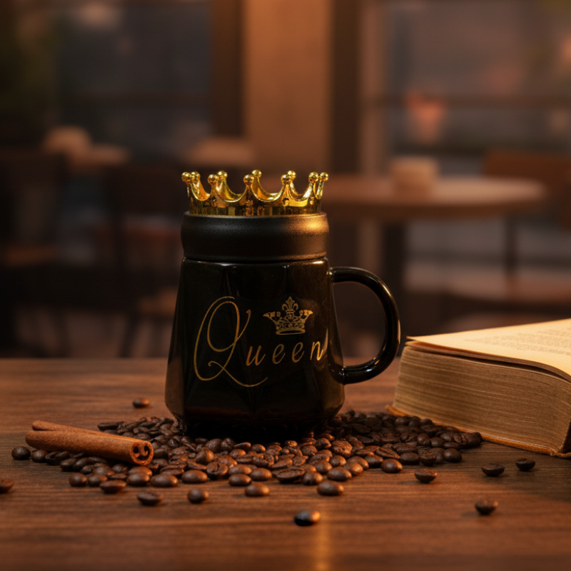 Queen Coffee Mug – Elegant Black Ceramic with Crown Lid