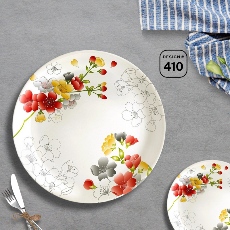 Apollo Trix 72-Piece Melamine Dinner Set – 8 Person Serving – Double Glaze Shine – 14 Unique Designs