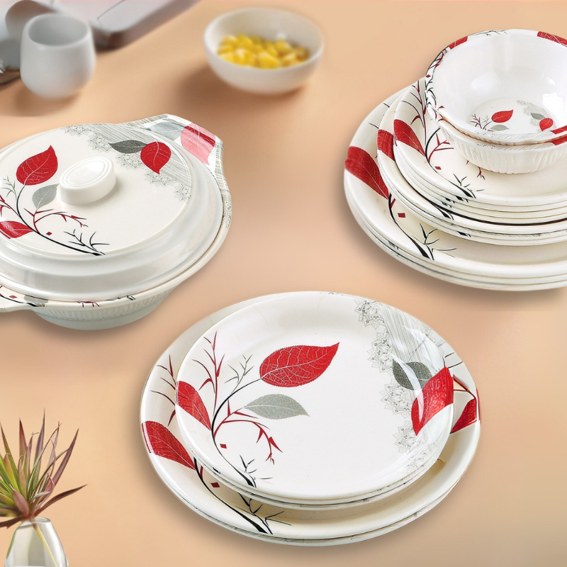 Apollo Trix 72-Piece Melamine Dinner Set – 8 Person Serving – Double Glaze Shine – 14 Unique Designs