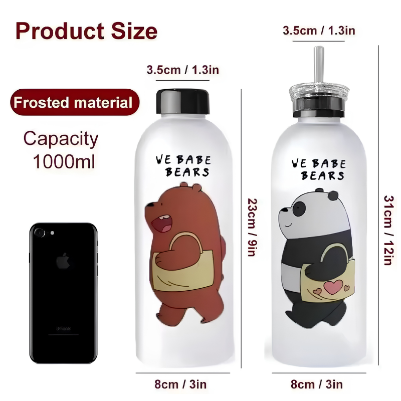 Bear Water Bottle with Dual Lids - 1 Liter Capacity