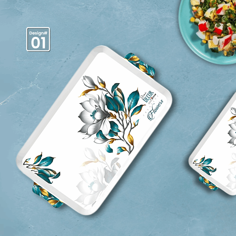 Dine Decor 3-Piece Melamine Serving Tray Set – Stylish Multi-Purpose Trays with Handles (8 Elegant Designs)