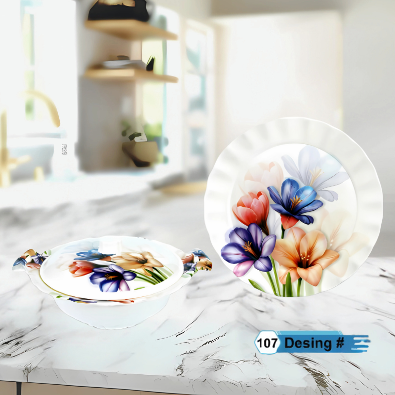 Famous 72-Piece Melamine Dinner Set – Single Glaze Shine, 6-Person Serving, 8 Elegant Designs