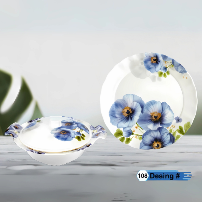 Famous 72-Piece Melamine Dinner Set – Single Glaze Shine, 6-Person Serving, 8 Elegant Designs