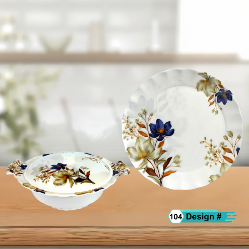 Famous 72-Piece Melamine Dinner Set – Single Glaze Shine, 6-Person Serving, 8 Elegant Designs