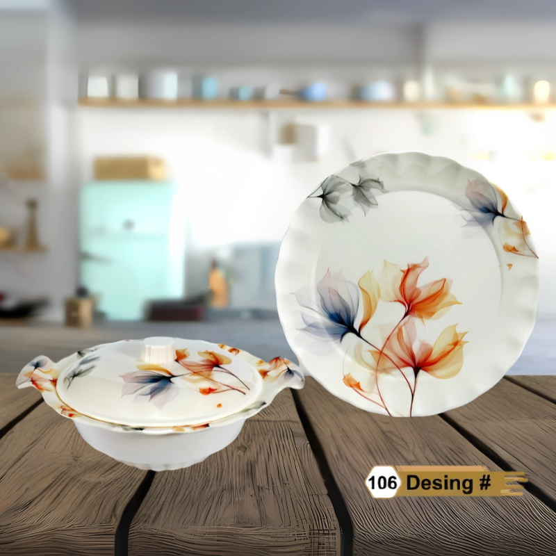 Famous 72-Piece Melamine Dinner Set – Single Glaze Shine, 6-Person Serving, 8 Elegant Designs