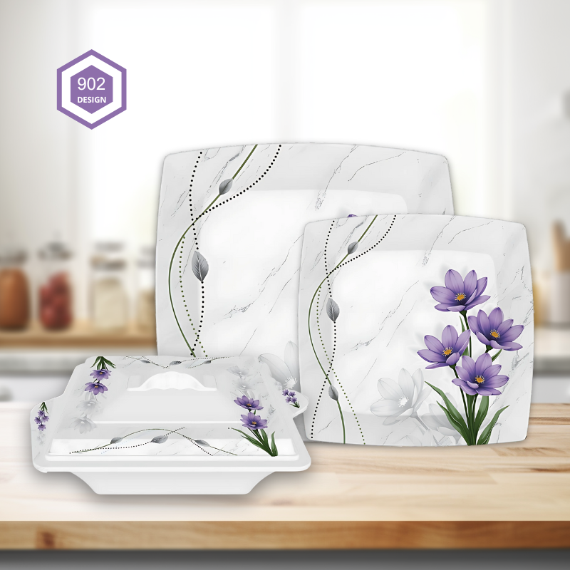 Glory 72-Piece Melamine Dinner Set – Single Glaze Shine, 6-Person Serving, 8 Elegant Designs