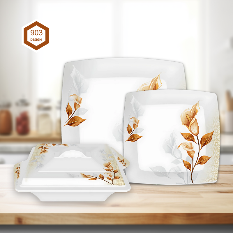 Glory 72-Piece Melamine Dinner Set – Single Glaze Shine, 6-Person Serving, 8 Elegant Designs