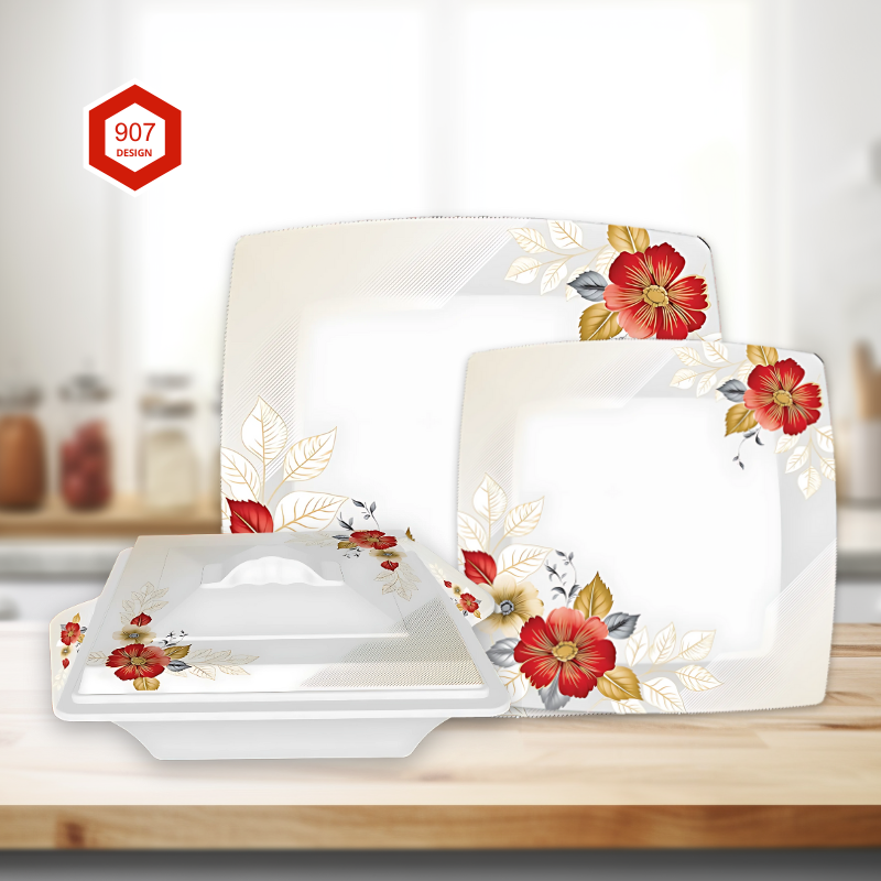 Glory 72-Piece Melamine Dinner Set – Single Glaze Shine, 6-Person Serving, 8 Elegant Designs