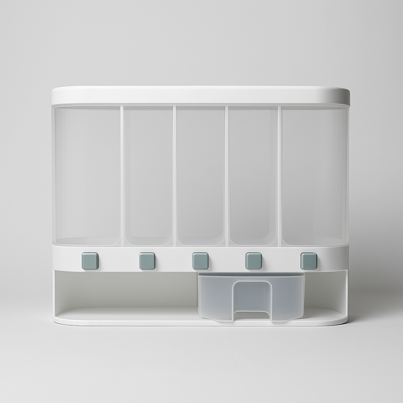6-Compartment Grain Dispenser – Adjustable Transparent Containers with White Base