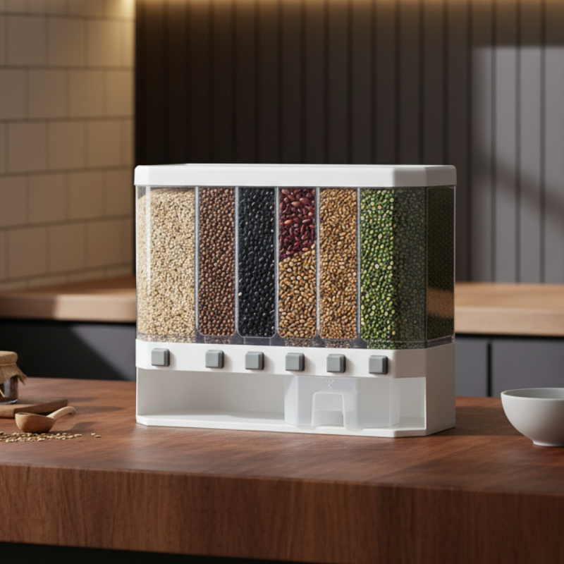 6-Compartment Grain Dispenser – Adjustable Transparent Containers with White Base