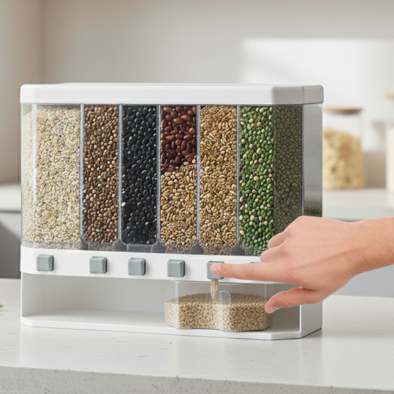 6-Compartment Grain Dispenser – Adjustable Transparent Containers with White Base