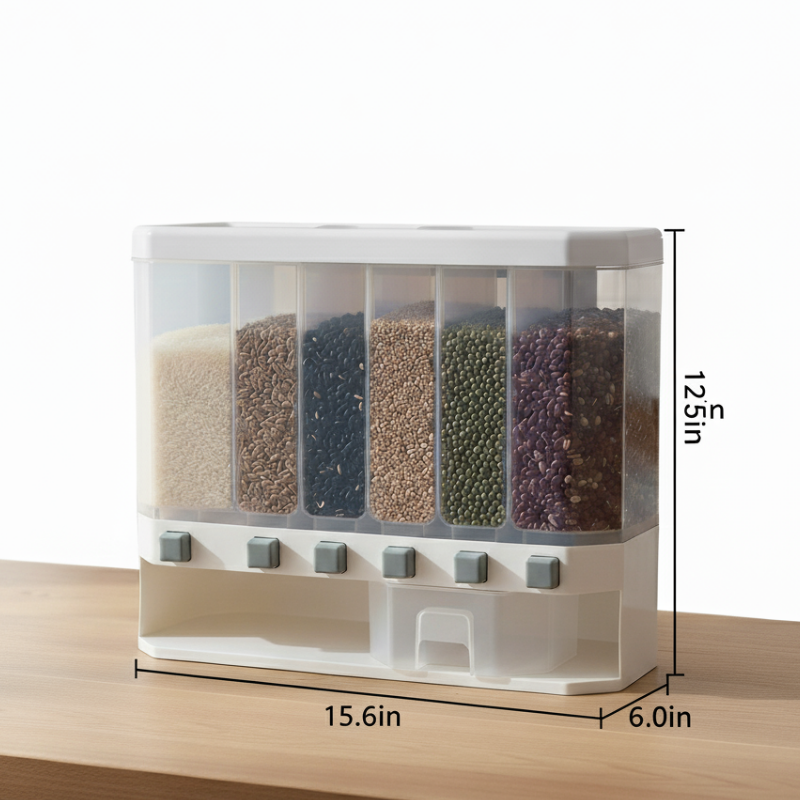 6-Compartment Grain Dispenser – Adjustable Transparent Containers with White Base