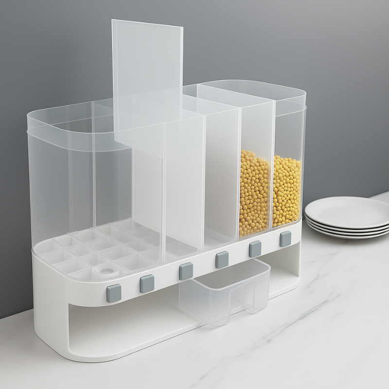 6-Compartment Grain Dispenser – Adjustable Transparent Containers with White Base