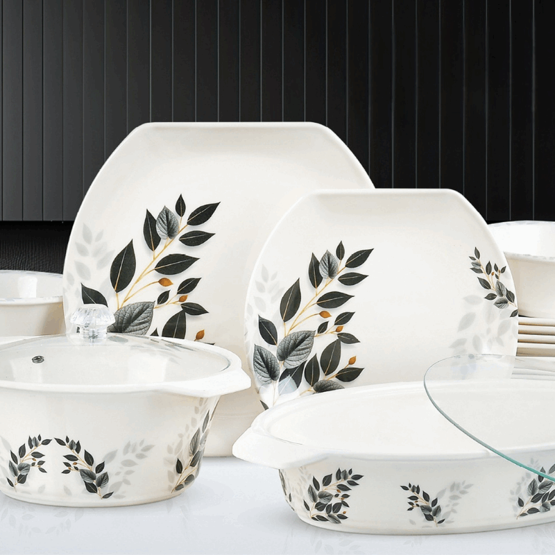 Havel 72-Piece Melamine Dinner Set – 8 Person Serving – Double Glaze Shine with Glass Lids – 12 Elegant Designs