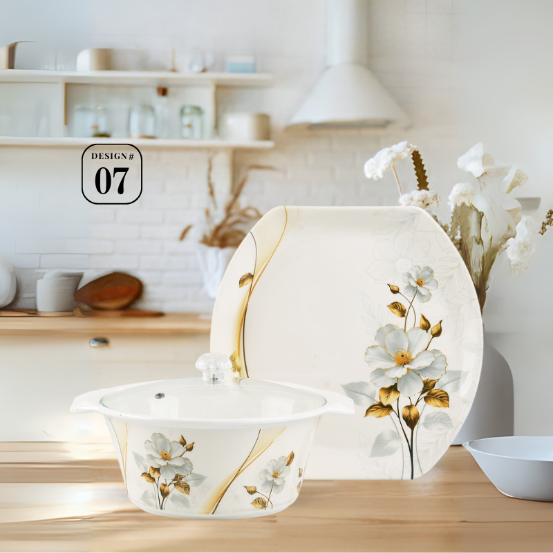 Havel 72-Piece Melamine Dinner Set – 8 Person Serving – Double Glaze Shine with Glass Lids – 12 Elegant Designs