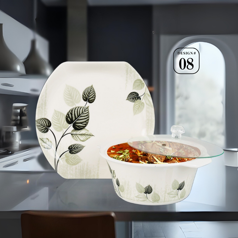 Havel 72-Piece Melamine Dinner Set – 8 Person Serving – Double Glaze Shine with Glass Lids – 12 Elegant Designs