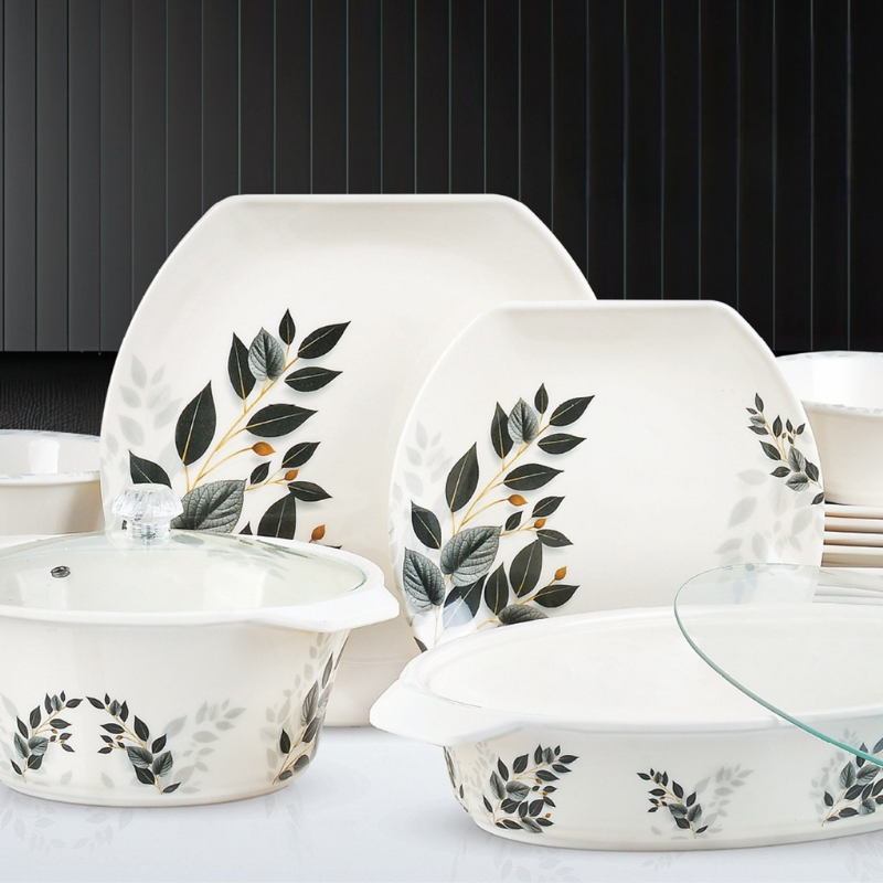 Havel 72-Piece Melamine Dinner Set – 8 Person Serving – Double Glaze Shine with Glass Lids – 12 Elegant Designs