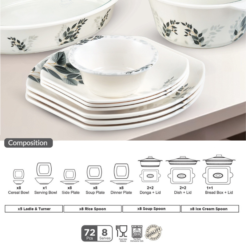 Havel 72-Piece Melamine Dinner Set – 8 Person Serving – Double Glaze Shine with Glass Lids – 12 Elegant Designs