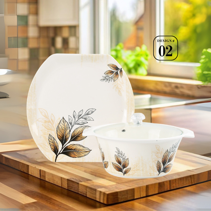 Havel 72-Piece Melamine Dinner Set – 8 Person Serving – Double Glaze Shine with Glass Lids – 12 Elegant Designs