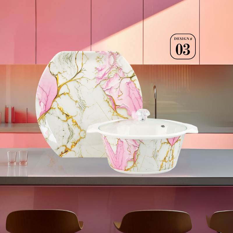 Havel 72-Piece Melamine Dinner Set – 8 Person Serving – Double Glaze Shine with Glass Lids – 12 Elegant Designs