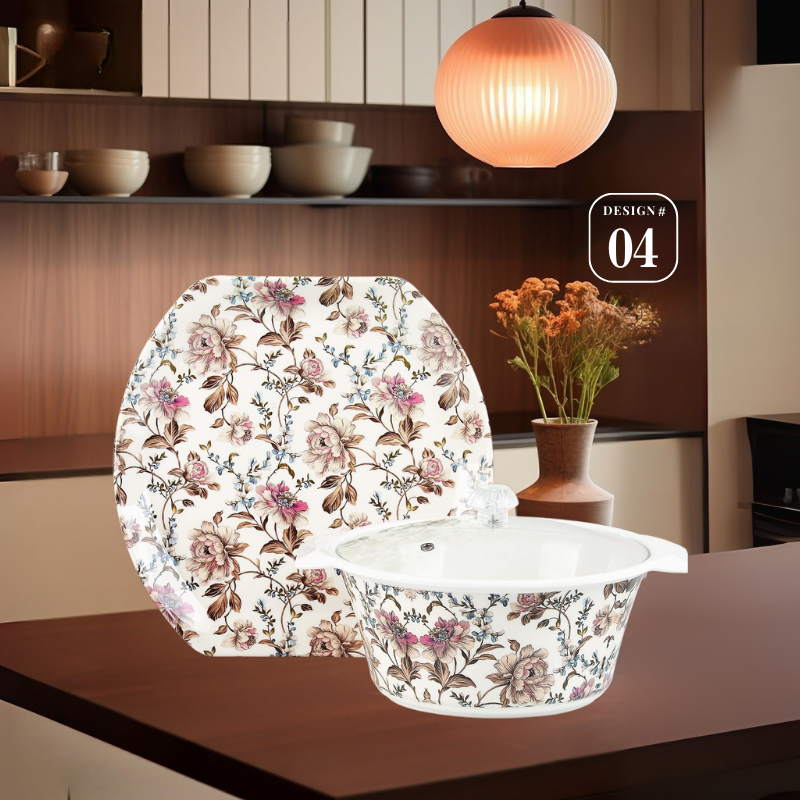 Havel 72-Piece Melamine Dinner Set – 8 Person Serving – Double Glaze Shine with Glass Lids – 12 Elegant Designs