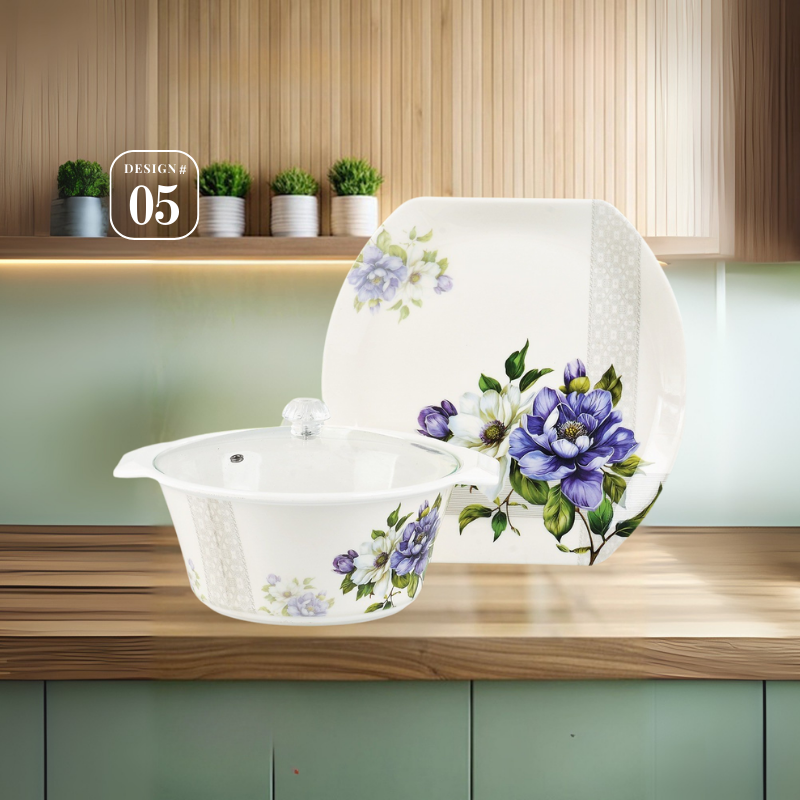 Havel 72-Piece Melamine Dinner Set – 8 Person Serving – Double Glaze Shine with Glass Lids – 12 Elegant Designs