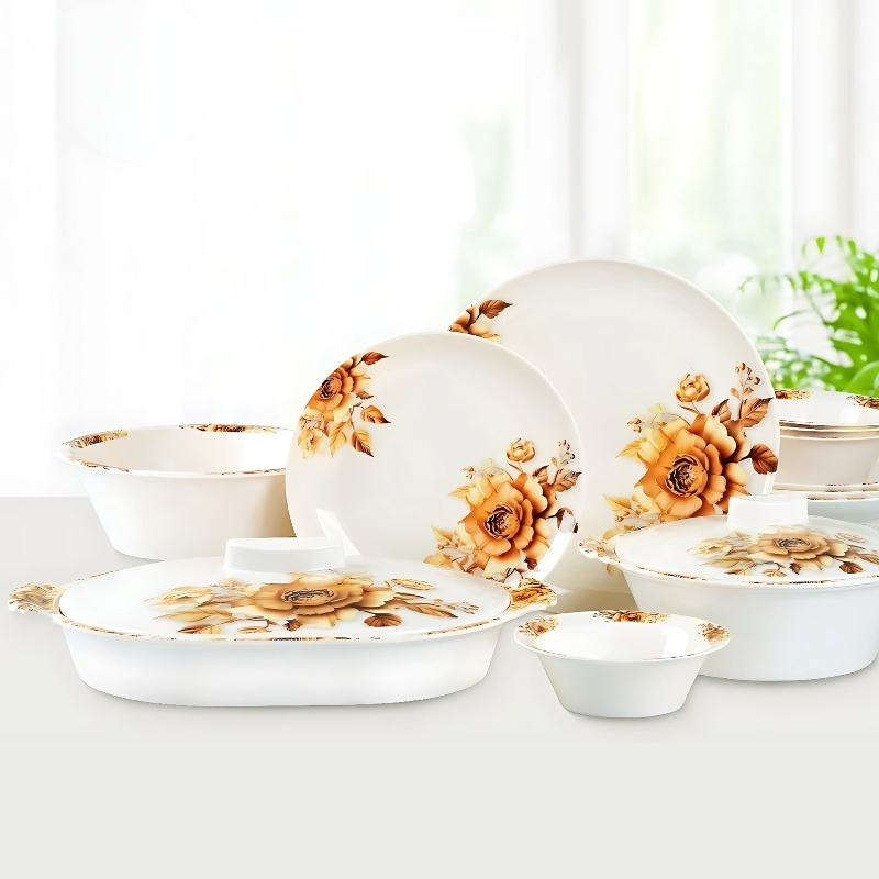 Hikal 72-Piece Premium Melamine Dinner Set – Single Glaze Shine, 8-Person Serving, 12 Elegant Designs