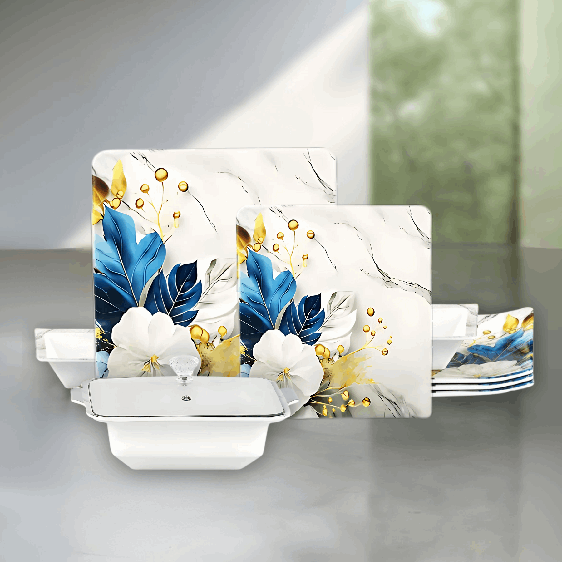 Lovein 72-Piece Melamine Dinner Set – Single Glaze Shine with Glass Lids, 8-Person Serving, 10 Elegant Designs