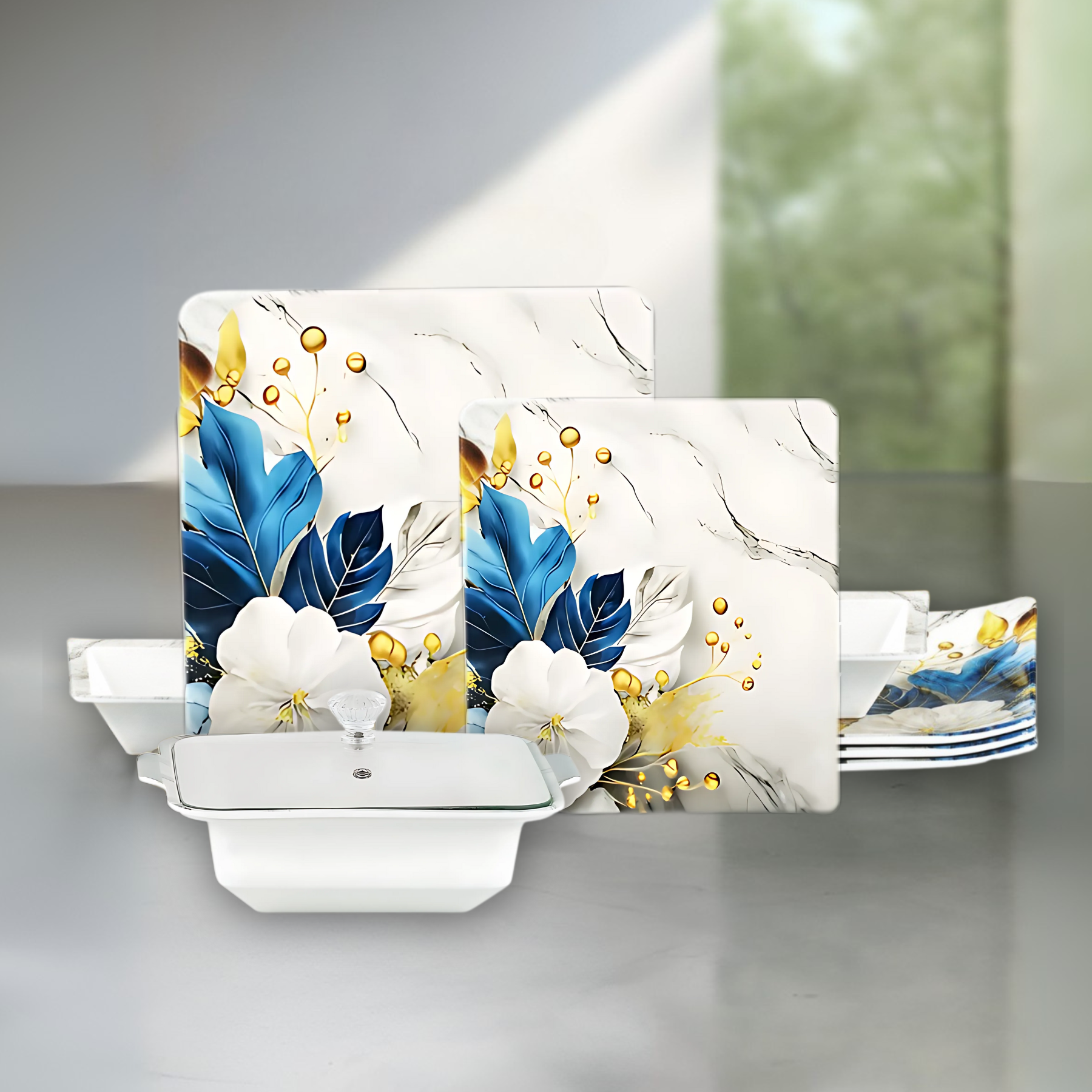 Lovein 72-Piece Melamine Dinner Set – Single Glaze Shine with Glass Lids, 8-Person Serving, 10 Elegant Designs