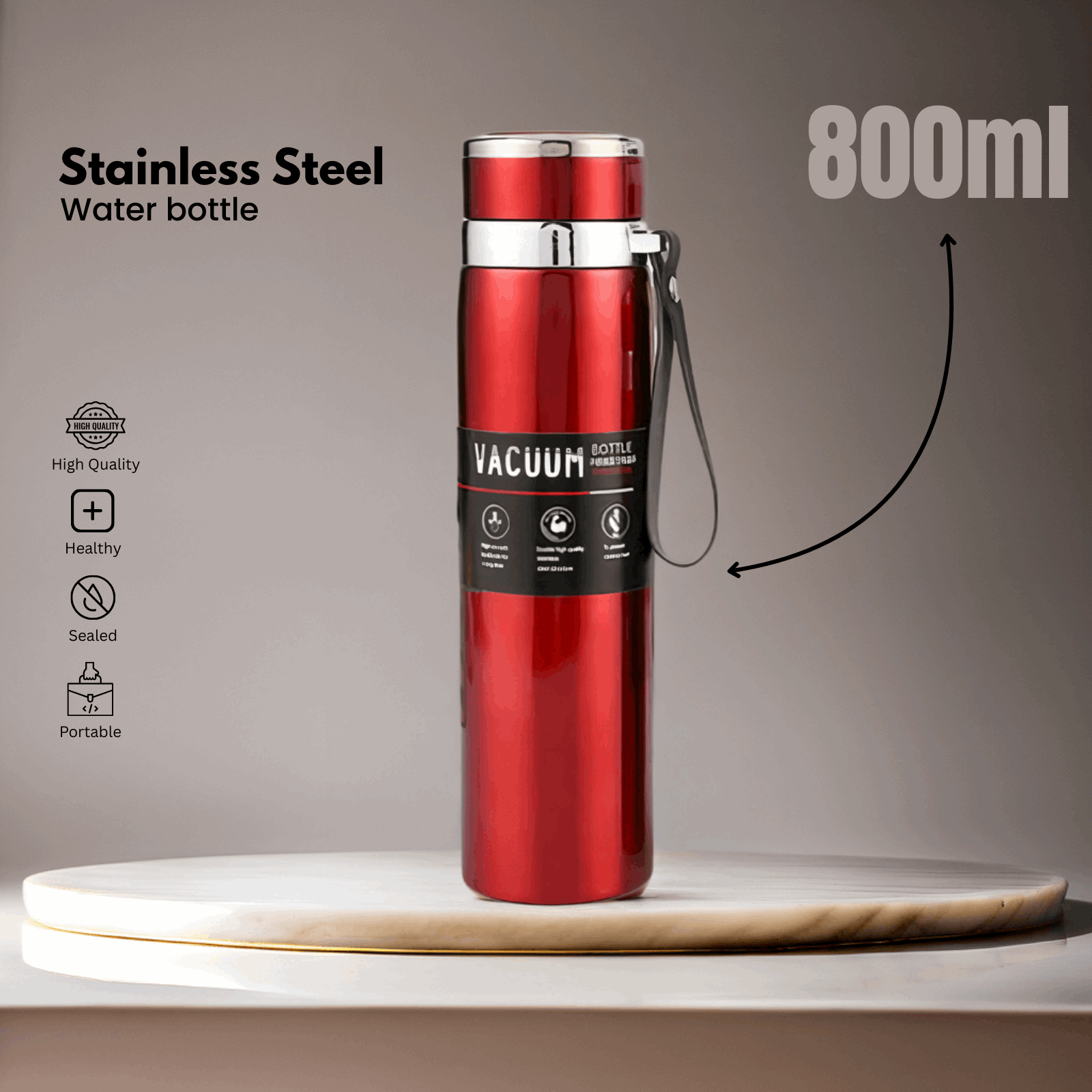 Metallic Water Bottle – Stainless Steel, Temperature Retention – Available in 600ml & 800ml