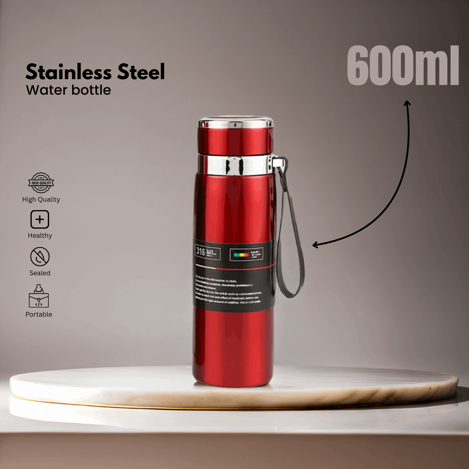 Metallic Water Bottle – Stainless Steel, Temperature Retention – Available in 600ml & 800ml