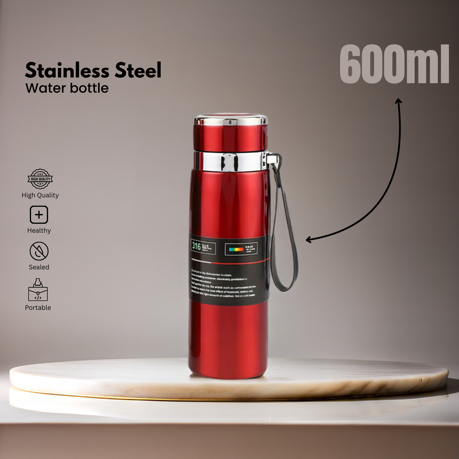 Metallic Water Bottle – Stainless Steel, Temperature Retention – Available in 600ml & 800ml